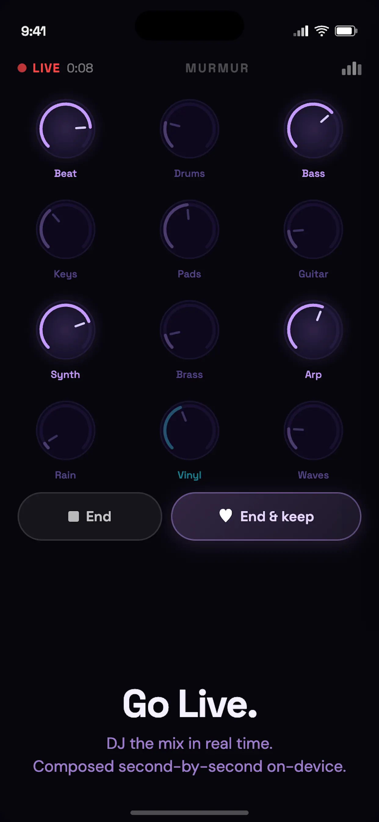 Murmur Live mode on iPhone — knob deck for beat, bass, keys, synth, and more with End and End & keep controls